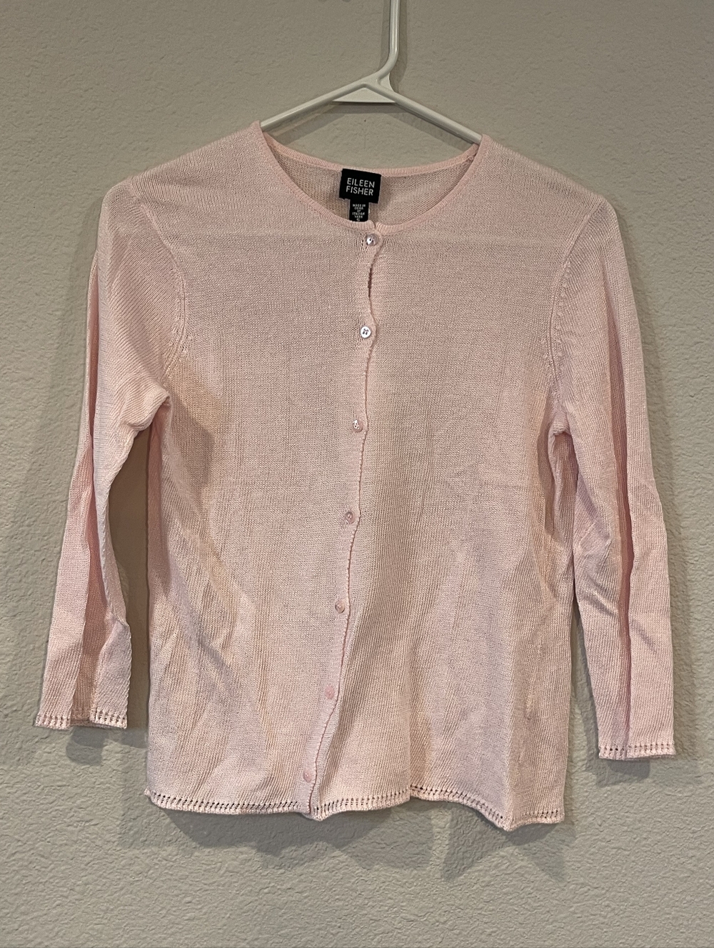 NWT EILEEN FISHER Vintage 2010s Pink Italian Yarn Round Neck 3/4 Sleeve Cardigan